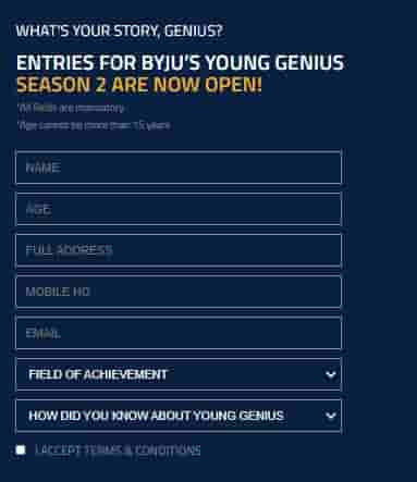 BYJU'S Young Genius Registration form